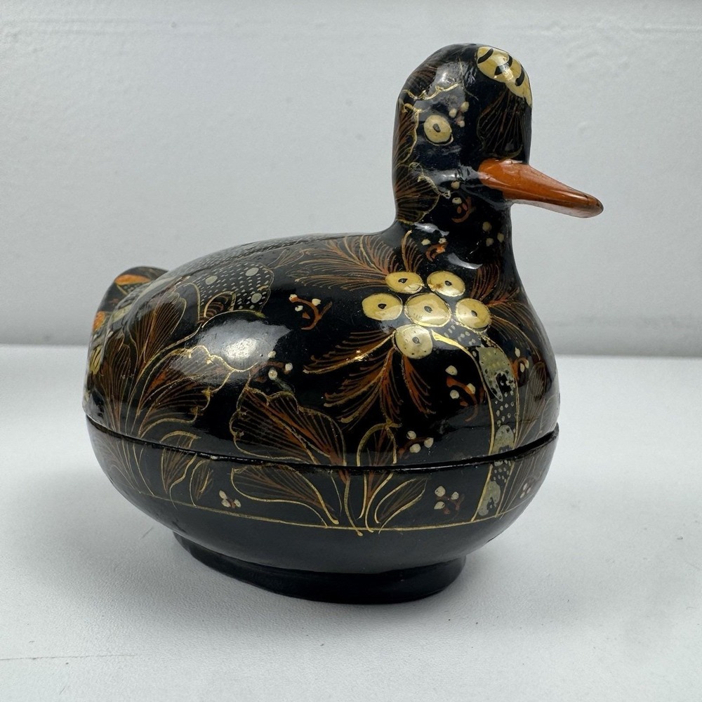 Vtg 80s Kubla Crafts Kashmir Hand Painted Duck Trinket Box Boho Cottagecore